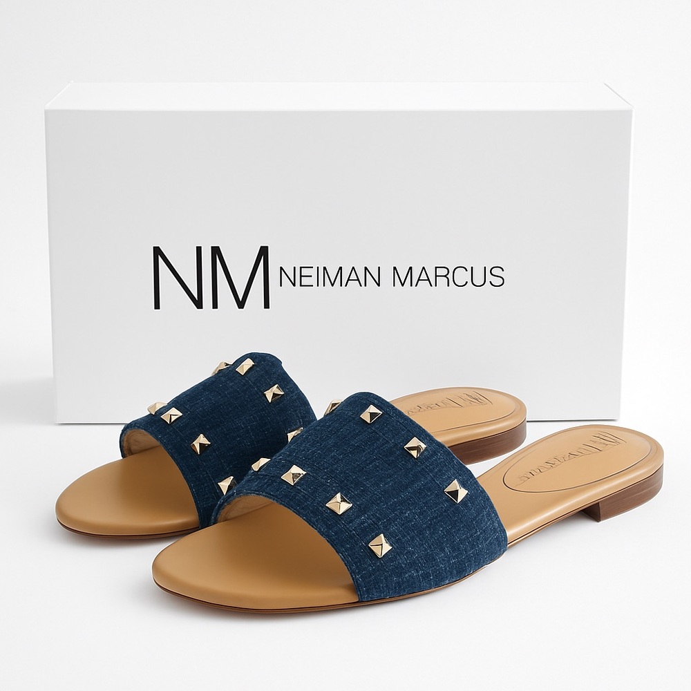 Neiman Marcus Branie Denim Studded Slide Sandals Gold Studs Indigo Size 7.5